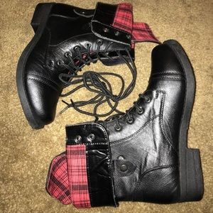 Womens Plaid Foldover Military Combat Boots